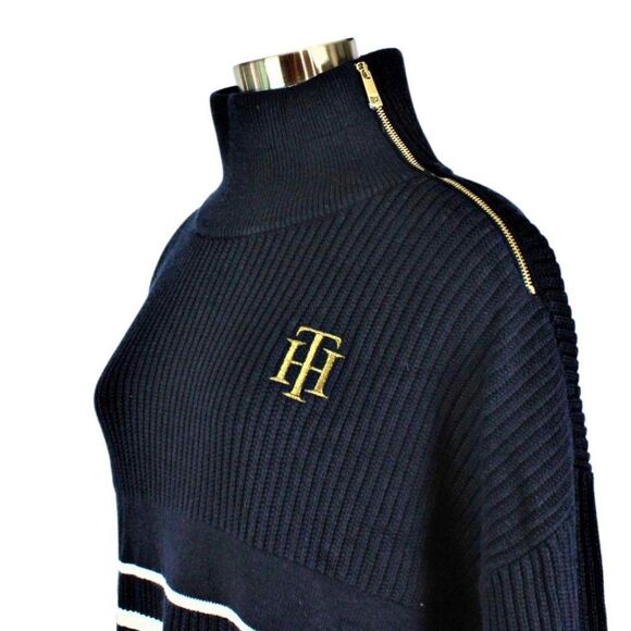 Tommy Hilfiger Sweater Ribbed Knit Shoulder Zip Varsity Turtleneck Blue Sz 2XL - Picture 5 of 10